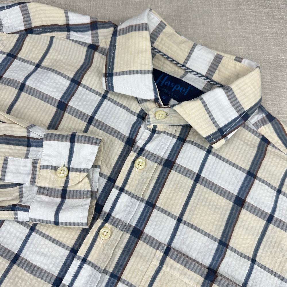 Haspel New Orleans Button Down Shirt Mens Medium Cream Navy Plaid Seersucker EUC